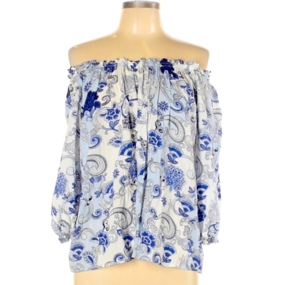 Grand & Greene L blue floral BOHO 3/4 sleeve top